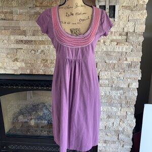 Boden lavender embroidered scoop neck empire waist cap sleeve short sleeve dress